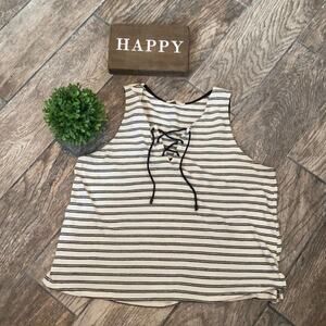 Lush Off-White & Black Striped Lace Up Tank Top
